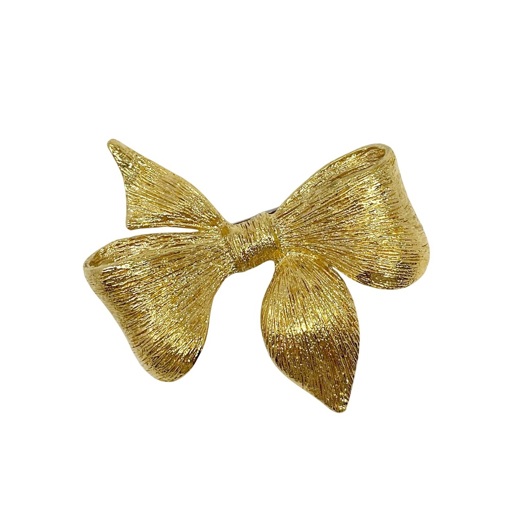 Vintage Gold Tone Bow Brooch Brushed Textured Bark Ribbon Timeless Coquette